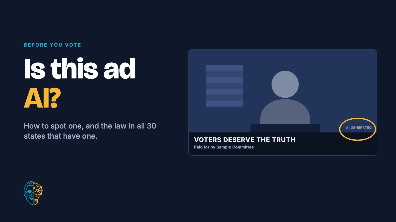 A political ad frame on a navy background with a small AI generated label circled in yellow, under the words Is this ad AI?