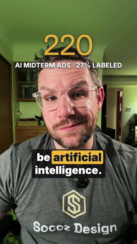 Tim Bish in the video Before You Vote: 3 Ways to Spot an AI Attack Ad, with the caption 220 AI midterm ads, 27% labeled