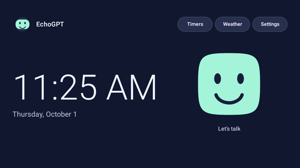 The EchoGPT home screen on an Echo Show 5: a large clock, a smiling mint-green face labeled "Let's talk," and buttons for Timers, Weather and Settings