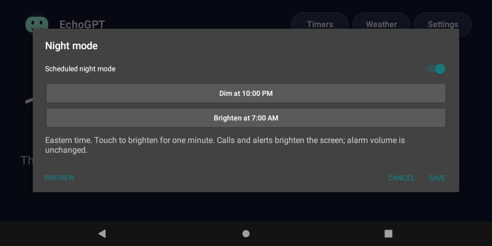 The EchoGPT night mode screen: scheduled night mode switched on, dim at 10:00 PM and brighten at 7:00 AM