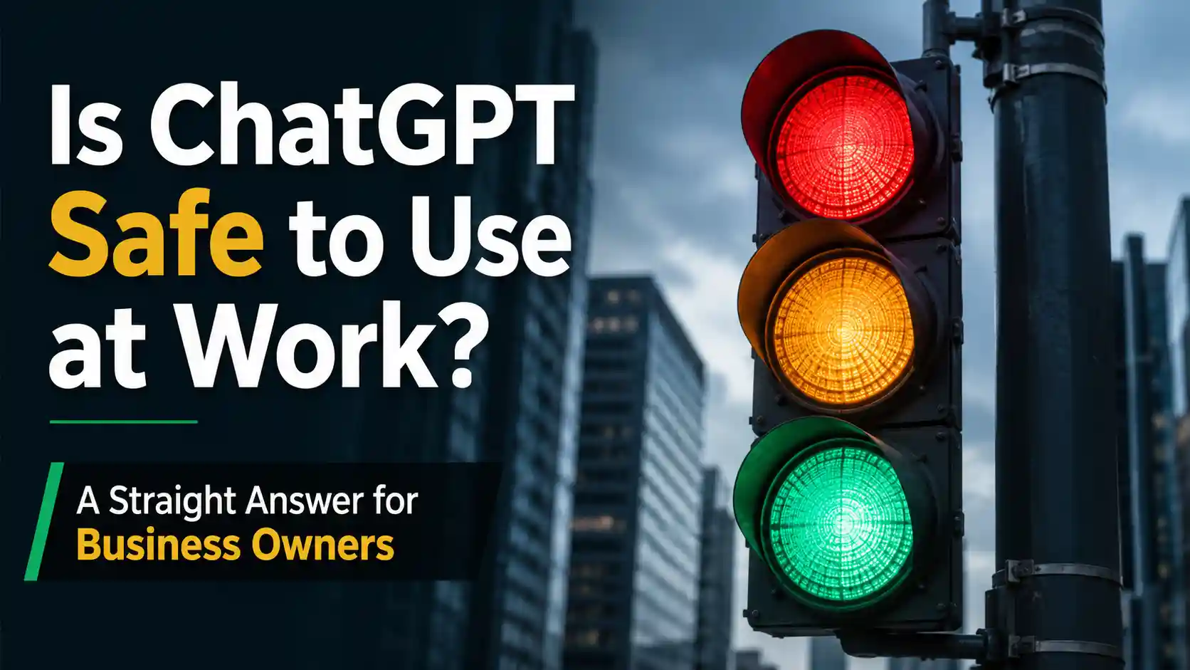 A red, yellow, and green traffic light beside a laptop keyboard, representing a simple framework for safely using AI tools at work