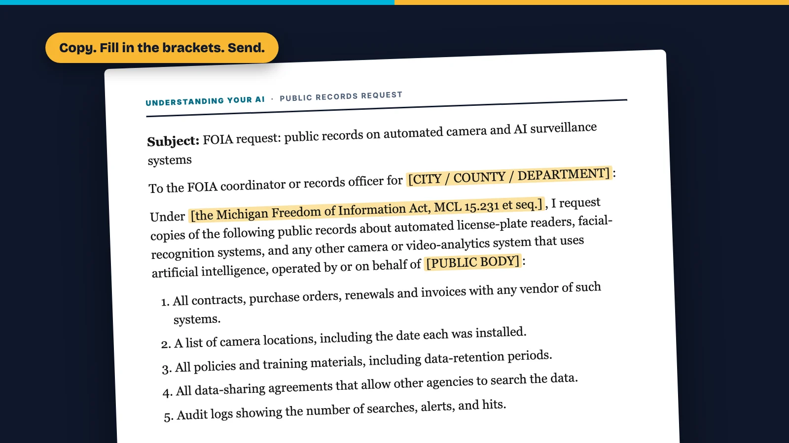 A public records request letter for automated camera and AI surveillance systems, with the blanks to fill in highlighted.